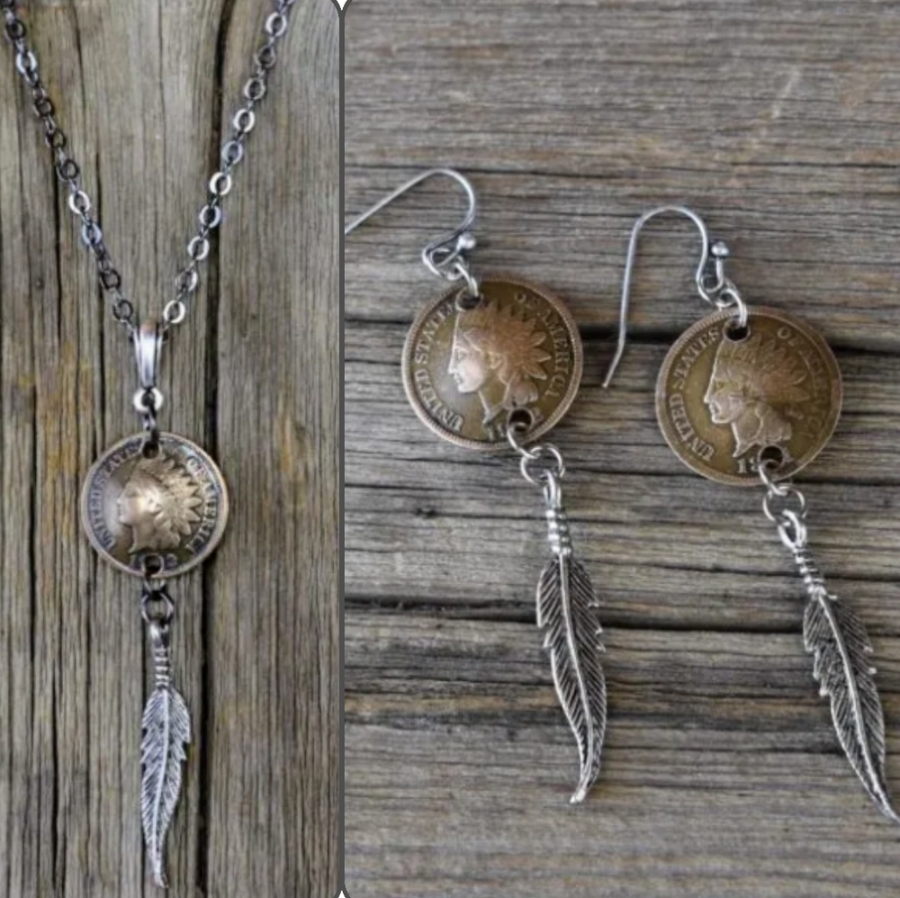 ANTIQUE Handmade Indian Head Penny Feather French Hook Earrings & Necklace set